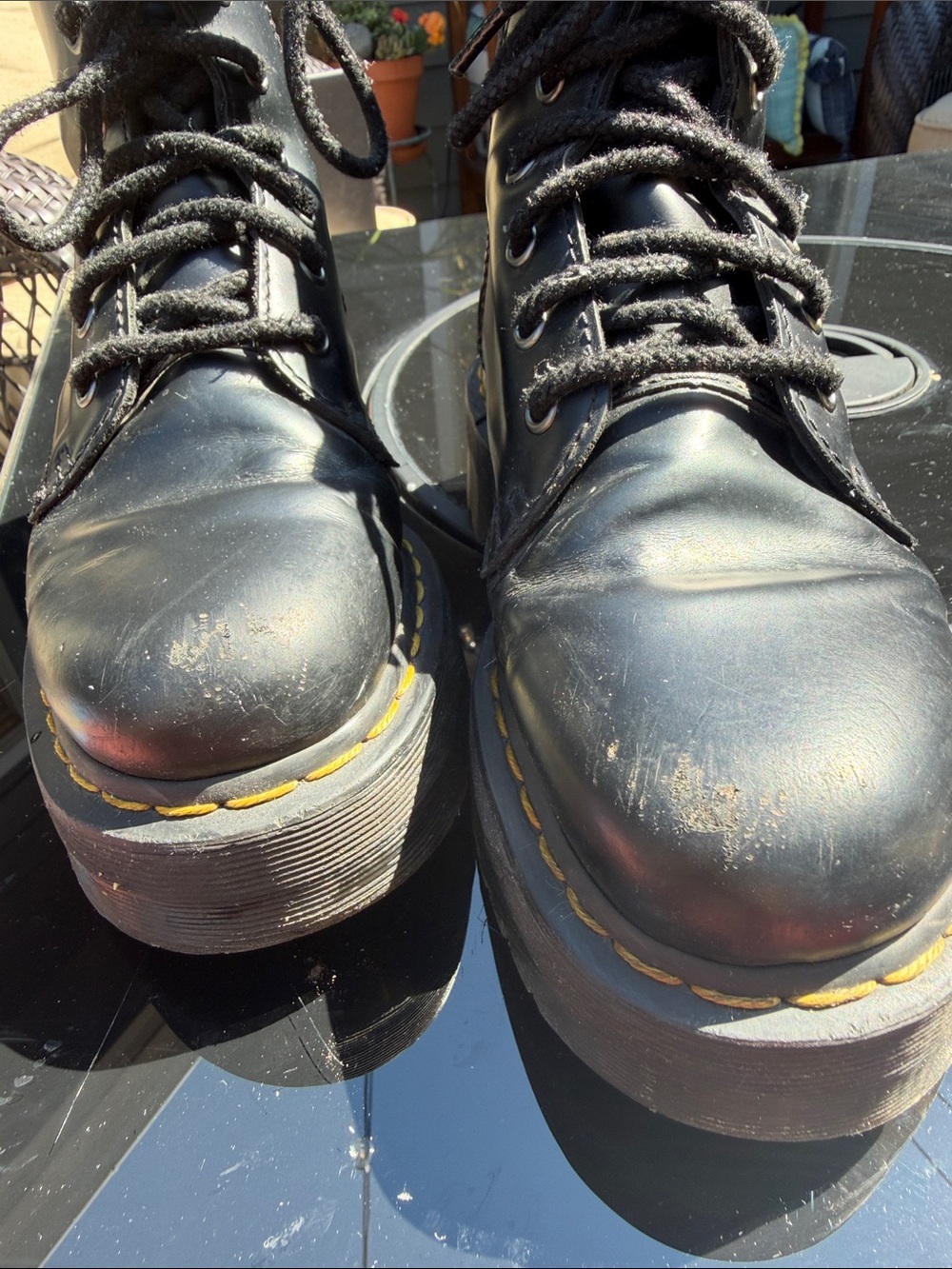 Dr. Martens Black Platform Lace-Up Boots with Yellow Heel Loop - Picture 6 of 11